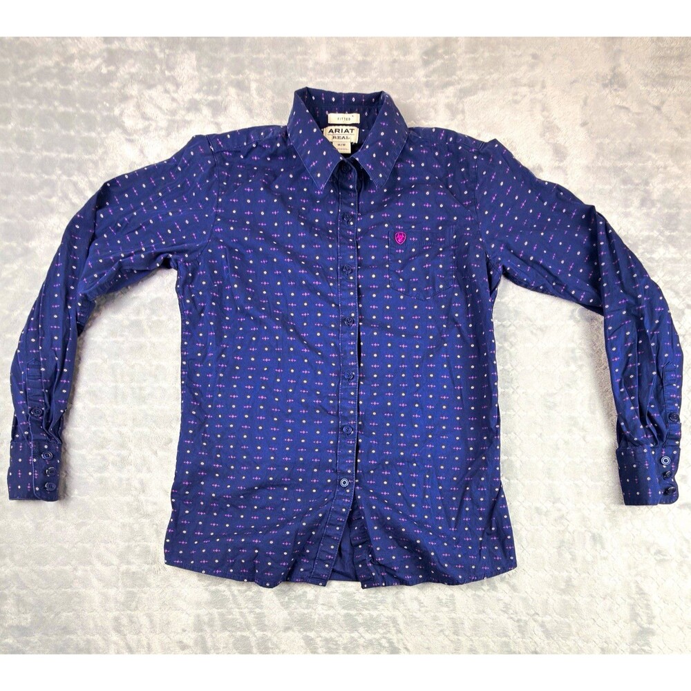 Ariat Real Fitted Women’s Medium Fitted Western Shirt Navy Pink Print Button-Up